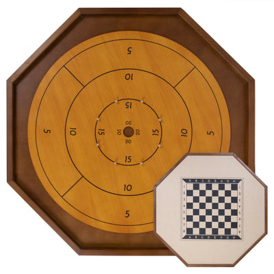 A 30-inch octagonal Tournament Crokinole Board by Brybelly featuring a rich wood finish, with scoring rings and a center hole for gameplay. Accompanying it is a small octagonal chessboard with a checkered pattern, designed for versatile gaming experiences.