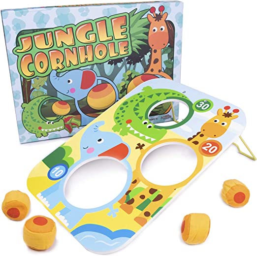 Jungle Cornhole game by Brybelly featuring a colorful cornhole board design with animal characters and three scoring holes, accompanied by plush cornhole bags.