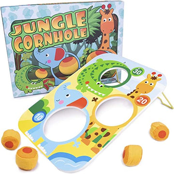 Jungle Cornhole game by Brybelly featuring a colorful cornhole board design with animal characters and three scoring holes, accompanied by plush cornhole bags.