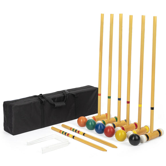 Set of Family Croquet game pieces by Brybelly, including six wooden mallets, colorful balls in red, blue, green, yellow, and black, along with hoops and a carrying bag, arranged on a white background.