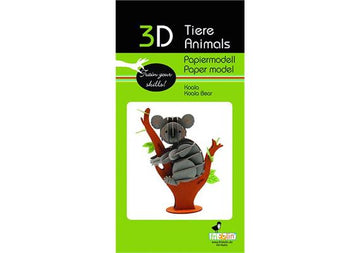 3D Paper Model of a koala bear made by fridolin. The model features a koala perched on a stylized tree, showcasing intricate paper crafting skills. The packaging emphasizes the DIY aspect, highlighting the fun of building your own 3D animal art.