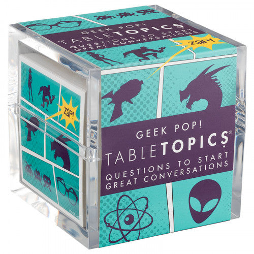 Table Topics Geek Pop game box featuring vibrant illustrations including a dragon, glasses, and an alien. The box contains conversation-starting questions themed around geek culture, designed to spark engaging discussions among players.