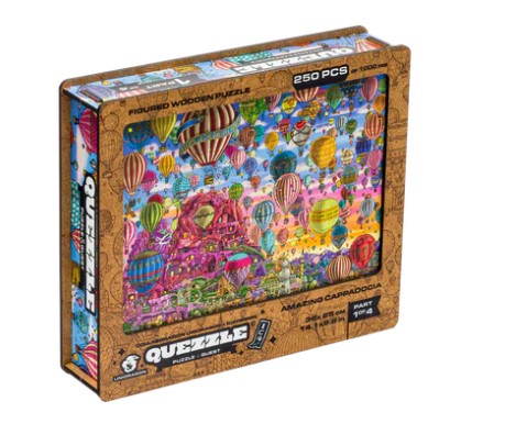 Quezzle Amazing Cappadocia #1 jigsaw puzzle box featuring a vibrant illustration of hot air balloons over a colorful landscape. The puzzle contains 250 pieces and is made from high-quality wood. Perfect for adults and children looking for a fun challenge.