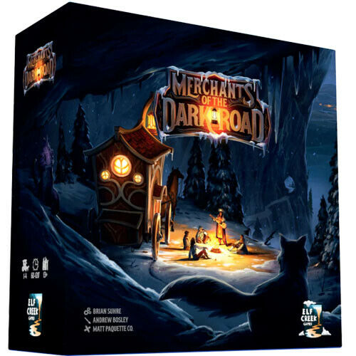 The game 'Merchants of the Dark' by ELF CREEK GAMES features a beautifully illustrated box design showcasing characters gathered around a campfire in a mystical forest. The scene is illuminated by the warm glow of the fire, with a quaint house in the background and a fox in the foreground, evoking an adventurous and magical atmosphere. The box emphasizes exploration and trade in a dark, enchanting setting, appealing to fans of fantasy and strategy games.