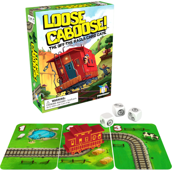 Loose Caboose card game by Gamewright. The box features colorful illustrations of a red train car on a winding track, surrounded by playful characters and a rural landscape. Accompanying components include track cards, a train car model, and dice.