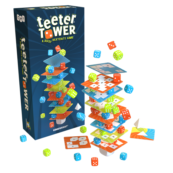 Teeter Tower game by Gamewright featuring a stack of colorful game pieces and dice. The game encourages dexterity and balance as players navigate the layers of the tower while actively preventing it from toppling over. The packaging showcases vibrant colors and playful illustrations.