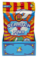 Scratch 'N' Play game package by Gamewright displaying a vibrant design with red, blue, and yellow colors. The front features playful graphics and a prominent '20 Cards Inside' announcement, suitable for 1 or more players aged 8 and older.