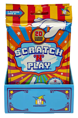 Scratch 'N' Play game package by Gamewright displaying a vibrant design with red, blue, and yellow colors. The front features playful graphics and a prominent '20 Cards Inside' announcement, suitable for 1 or more players aged 8 and older.