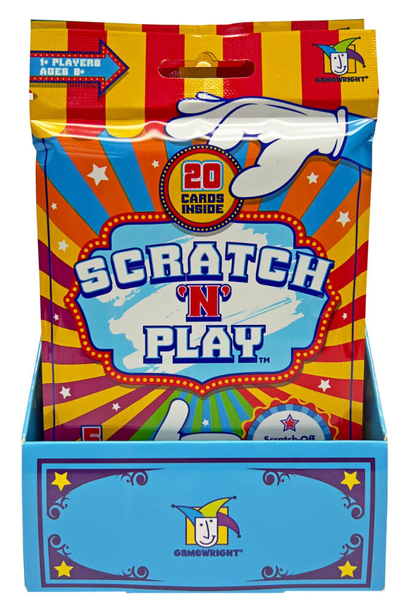 Scratch 'N' Play game package by Gamewright displaying a vibrant design with red, blue, and yellow colors. The front features playful graphics and a prominent '20 Cards Inside' announcement, suitable for 1 or more players aged 8 and older.