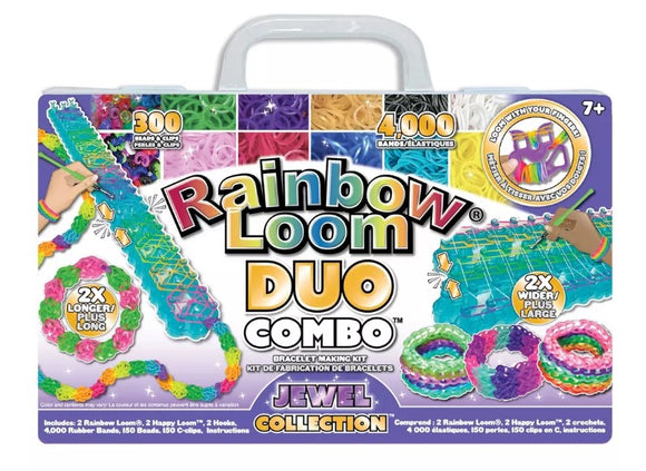 The Rainbow Loom Duo Jewel Combo kit includes two Rainbow Looms, two Happy Looms, and two hooks, along with 4,000 rubber bands in various colors. It features 300 beads and clips, enabling users to create colorful bracelets of different designs and lengths. Perfect for ages 7 and up, the kit is ideal for both beginners and experienced crafters looking to unleash their creativity.