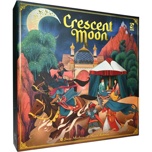 The board game 'Crescent Moon' box features vibrant artwork depicting characters in traditional attire, a moonlit sky, a tent, and a palace in the background, illustrating a rich narrative of adventure and strategy.