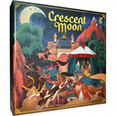 The board game 'Crescent Moon' box features vibrant artwork depicting characters in traditional attire, a moonlit sky, a tent, and a palace in the background, illustrating a rich narrative of adventure and strategy.