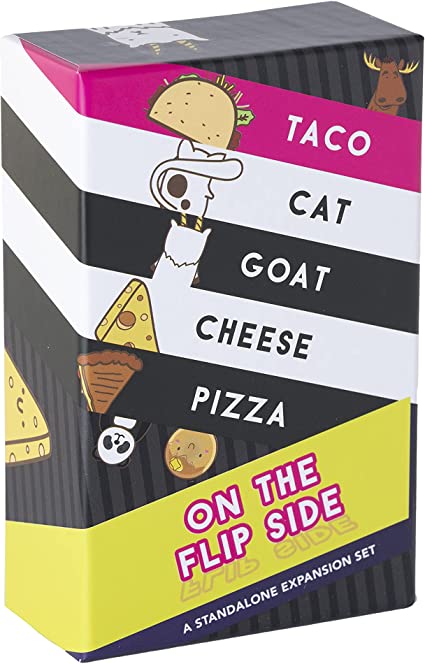 Taco Cat Goat Cheese Pizza: On the Flip Side expansion pack by DOLPHIN HAT GAMES. The colorful box features playful graphics of tacos, cats, goats, cheese, and pizza, designed to engage players in a fun and interactive card game experience.