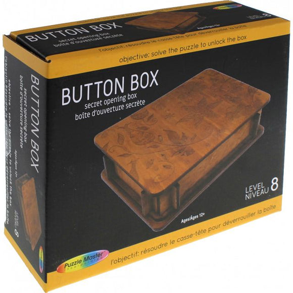 The Button Puzzle Box is a beautifully crafted mechanical puzzle featuring intricate designs on its wooden surface. The objective is to solve the puzzle to unlock the secret opening box. Suitable for ages 12 and up, this level 8 challenge offers a unique blend of artistry and intellectual stimulation, perfect for puzzle enthusiasts.