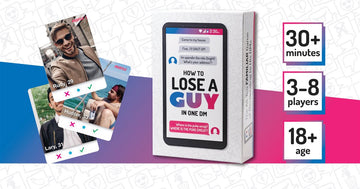 The game box for 'How to Lose a Guy in One DM' by Flying Leap Games features playful messaging prompts alongside images of different male avatars. The box includes icons indicating it's for 3-8 players, takes over 30 minutes to play, and is suitable for ages 18 and up.