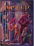 The game 'Lockup: A Roll Player Tale' features vibrant artwork depicting colorful anthropomorphic characters, including a pink lizard-like creature in orange attire, a purple character with a sword, and a mouse-like figure, set against a medieval background with prison bars.