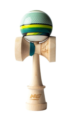 The Nick Gallagher NG Pro Kendama features a beautifully crafted wooden design with a vibrant, intricately patterned ball. The ball is adorned with a mix of green, blue, and white colors, showcasing a modern aesthetic. The kendama has an ergonomic handle, and a detailed engraving of 'NG' at the base, emphasizing its professional quality, perfect for both beginners and advanced players.
