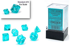 A set of translucent teal and white polyhedral dice, including a d20, d12, and d10, displayed next to a standard d10 for scale. The dice are packaged in a clear case labeled 'CHX 20385' by Chessex, ideal for tabletop games.