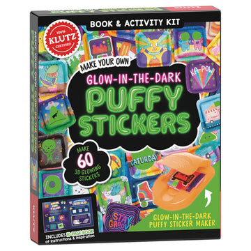 Klutz Make Your Own Glow-In-The-Dark Puffy Stickers kit. Includes a puffy sticker maker and a colorful assortment of puffy stickers, designed to glow in the dark. Comes with a 16-page book for instructions and inspiration. Ideal for kids who love DIY projects and crafting.