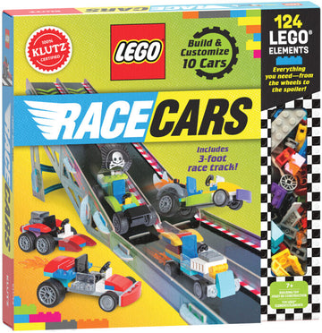 Klutz Lego Race Cars DIY kit featuring 124 LEGO elements that allow users to build and customize 10 unique cars. The kit includes a 3-foot race track and showcases colorful building blocks, a variety of car designs, and engaging instructions. Ideal for children aged 7 and above, fostering creativity and hands-on play.
