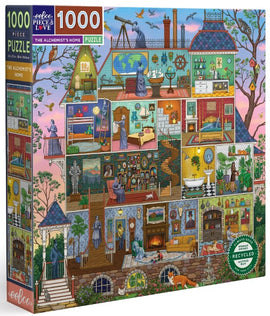 The Alchemist's Home jigsaw puzzle by Eeboo, featuring a detailed illustration of a whimsical house divided into rooms, featuring elements like a globe, bookshelves, and various characters including a statue and figures in different rooms. The image showcases vibrant colors and intricate designs, highlighting the alchemical theme throughout the structure.