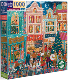 Eeboo's 'A Happy Holiday' jigsaw puzzle featuring a vibrant winter scene. The illustration depicts a charming street lined with colorful shops, adorned with festive decorations, and bustling with diverse characters enjoying the holiday atmosphere. A beautifully decorated Christmas tree stands prominently, with warm lights illuminating the cozy shops selling gifts and baked goods. The scene conveys a joyful holiday spirit.