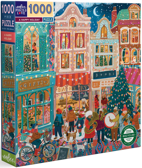 Eeboo's 'A Happy Holiday' jigsaw puzzle featuring a vibrant winter scene. The illustration depicts a charming street lined with colorful shops, adorned with festive decorations, and bustling with diverse characters enjoying the holiday atmosphere. A beautifully decorated Christmas tree stands prominently, with warm lights illuminating the cozy shops selling gifts and baked goods. The scene conveys a joyful holiday spirit.