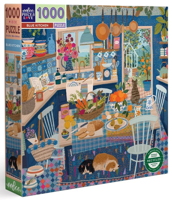 Eeboo's Blue Kitchen jigsaw puzzle featuring a vibrant kitchen scene filled with colorful dishes, fruits, vegetables, and adorable cats lounging on the floor. The artwork showcases intricate details of a cozy kitchen, with blue tones and cheerful decor, ideal for puzzle enthusiasts and art lovers alike.