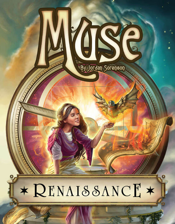 The 'Muse Renaissance' game by QUICK SIMPLE FUN GAMES features an illustration of a young woman in a flowing outfit, interacting with mystical elements. The background displays a blend of vibrant colors and fantastical imagery, capturing the essence of creativity and inspiration. The title 'Muse' is prominently displayed at the top, with 'Renaissance' below, evoking a sense of artistic expression.