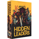 The board game 'Hidden Leaders' by BFF GAMES showcases a vibrant and intriguing box design featuring an array of characters depicted in a captivating art style. Each character holds unique weapons and symbols, hinting at the game's strategic and adventurous elements. The title 'Hidden Leaders' is prominently displayed at the bottom, with an engaging color palette of yellow and dark tones that draws attention.