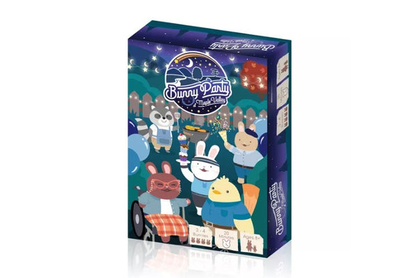 Bunny Party at Maple Valley game box featuring adorable animal characters including bunnies, a raccoon, and a chick celebrating with balloons and treats. The colorful design showcases a festive gathering set under a starry night sky.
