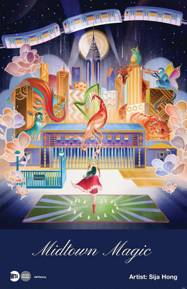 A colorful jigsaw puzzle depicting a whimsical version of Midtown with vibrant characters, buildings, and a dramatic night sky. The artwork features dynamic elements like a subway sign, enchanting animals, and a central figure in a flowing dress, creating a magical urban atmosphere. Perfect for puzzle lovers and fans of artistic representations of city life.