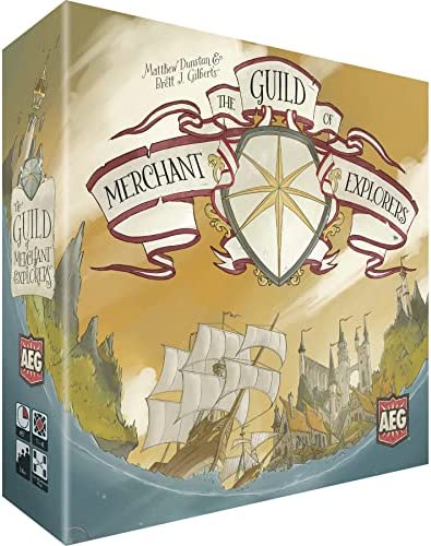 The Guild of Merchant Explorers board game box featuring an illustration of a ship sailing through waters, surrounded by a stylized compass and medieval architecture. The title is displayed prominently with decorative elements.