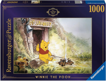 A 1000-piece jigsaw puzzle featuring Winnie the Pooh from Disney, designed by Ravensburger. The scene depicts Pooh sitting by a campfire near a tree, with a sign reading 'Mr. Sanders' above him. Surrounding him are honey pots and natural greenery, capturing the whimsical essence of the Hundred Acre Wood. The puzzle comes in a box with the Disney Treasures from the Vault branding.