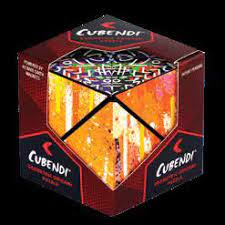 Cubendi: Ring by Fun in Motion Toys (Spinballs) is a vibrant mechanical puzzle featuring colorful geometric designs. The product comes in a striking hexagonal box, showcasing intricate patterns suitable for puzzle enthusiasts and casual players alike.