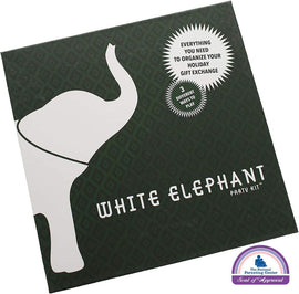Mini White Elephant game by Solid Roots, featuring a green box adorned with a minimalist white elephant design. The front highlights that it includes instructions for organizing a holiday gift exchange and offers three different ways to play. The design emphasizes fun and festive gatherings.