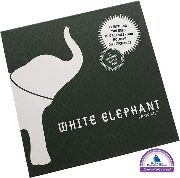 Mini White Elephant game by Solid Roots, featuring a green box adorned with a minimalist white elephant design. The front highlights that it includes instructions for organizing a holiday gift exchange and offers three different ways to play. The design emphasizes fun and festive gatherings.