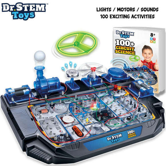 Dr. STEM Toys Circuit Science 100+ DIY kit featuring an interactive circuit board with lights, motors, and sounds. Includes a comprehensive activity book showcasing 100 exciting science projects suitable for ages 8 and up.