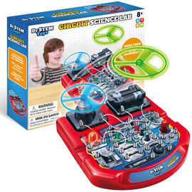 The 18+ Science Lab by Thin Air Brands is a DIY kit featuring a colorful circuit board with various components, including wires, switches, and spinning discs. It encourages hands-on learning with numerous experiments and promotes STEM education. A child with a thumbs-up gesture is shown in the background, illustrating excitement in scientific exploration.