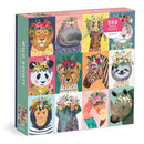 The Wild Spirit jigsaw puzzle by Galison features 500 colorful pieces showcasing a collection of adorable animal portraits. Each design includes vibrant floral elements, with animals like a lion, zebra, panda, and more, all adorned with floral crowns. The puzzle is packaged in a beautifully illustrated box, making it a perfect gift for animal lovers or puzzle enthusiasts.