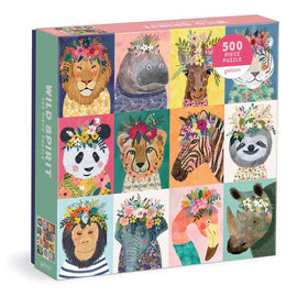The Wild Spirit jigsaw puzzle by Galison features 500 colorful pieces showcasing a collection of adorable animal portraits. Each design includes vibrant floral elements, with animals like a lion, zebra, panda, and more, all adorned with floral crowns. The puzzle is packaged in a beautifully illustrated box, making it a perfect gift for animal lovers or puzzle enthusiasts.