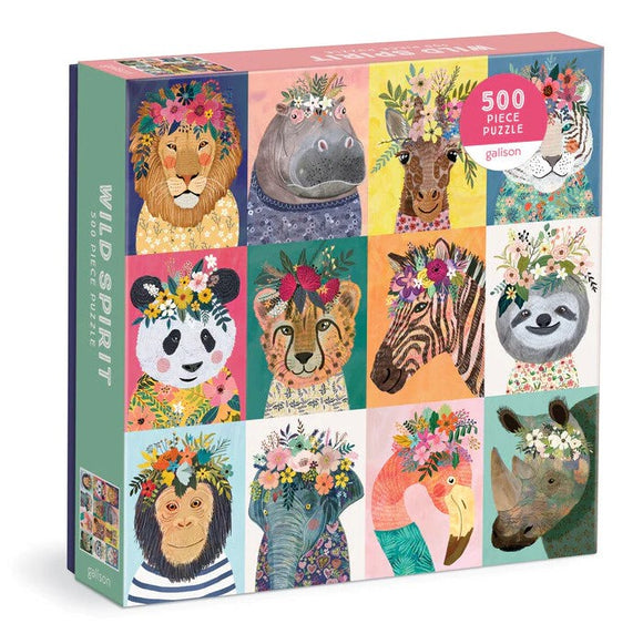 The Wild Spirit jigsaw puzzle by Galison features 500 colorful pieces showcasing a collection of adorable animal portraits. Each design includes vibrant floral elements, with animals like a lion, zebra, panda, and more, all adorned with floral crowns. The puzzle is packaged in a beautifully illustrated box, making it a perfect gift for animal lovers or puzzle enthusiasts.