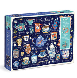 Galison's Tea Time jigsaw puzzle featuring a vibrant design of teapots and cups with various tea names, set against a dark blue background. The box includes 1000 pieces and boasts 20 uniquely shaped pieces for added fun.