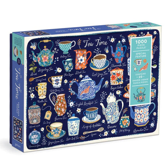 Galison's Tea Time jigsaw puzzle featuring a vibrant design of teapots and cups with various tea names, set against a dark blue background. The box includes 1000 pieces and boasts 20 uniquely shaped pieces for added fun.