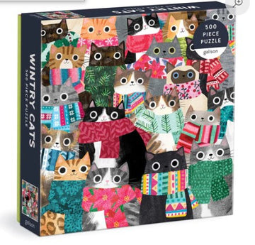 Wintry Cats jigsaw puzzle featuring an adorable collection of 500 illustrated cats dressed in colorful winter sweaters. The cats are set against a cheerful backdrop, showcasing their playful expressions and unique patterns. Ideal for cat lovers and puzzle enthusiasts looking for a fun and cozy activity.