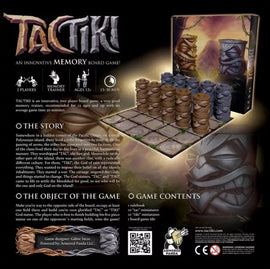 TacTiki is an innovative two-player board game designed to enhance memory skills. The game features intricately designed miniatures stacked in columns on a textured game board surrounded by thematic illustrations. The packaging displays the game title prominently alongside art that reflects the adventurous spirit of the game. Ideal for ages 12 and up, the gameplay is designed to last between 15 to 30 minutes.