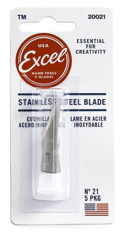 Excel Blades #21 Stainless Steel Blades package showcasing five high-quality, precision cutting blades. The blades are essential for creative projects and are displayed against a white background, highlighting their stainless steel material and durability.