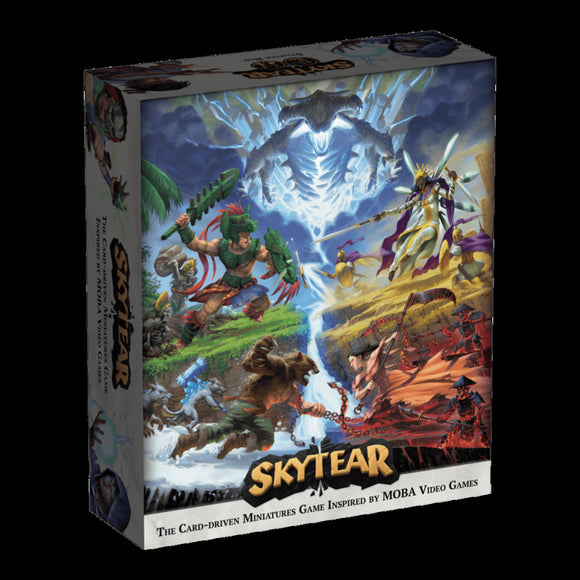 Skytear game box showcasing vibrant artwork featuring miniatures in a competitive battle scene, inspired by MOBA video games.