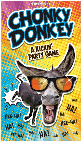 Chonky Donkey by Gamewright is a lively party game featuring a cartoon donkey wearing sunglasses. The box is bright and colorful, showcasing fun graphics and the title prominently at the top. It's designed for entertaining gatherings with friends and family.