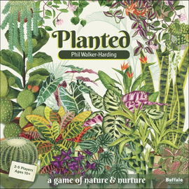 Planted game by Buffalo Games features a lush, vibrant design showcasing various types of plants and greenery. It highlights a colorful assortment of leaves and flowers, emphasizing nature's beauty. The game is suitable for 2-5 players aged 10 and up, and combines strategic gameplay with a nature theme.